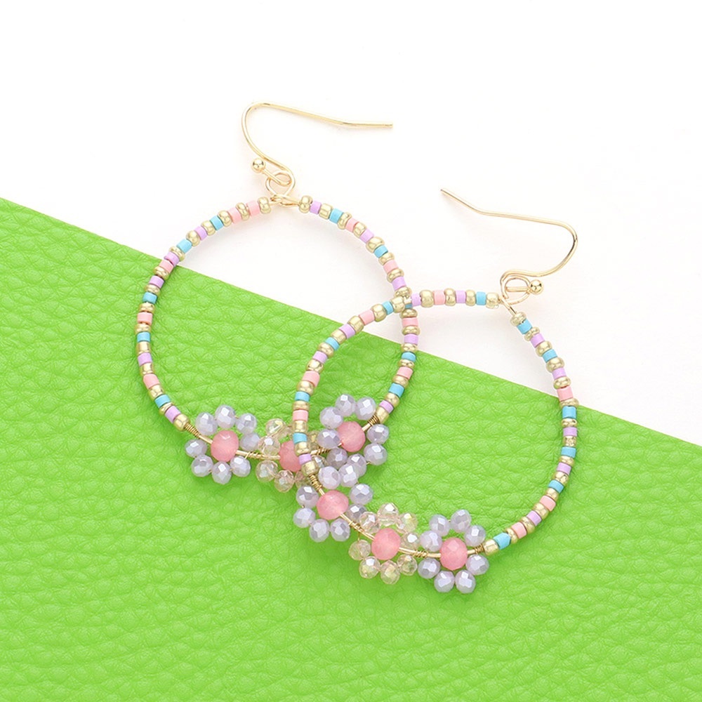 Lavender Faceted Beaded Triple Flower Accented Open Circle Dangle Earrings
